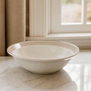 Vintage International Stoneware Serving Bowl Cream Gold Rings 9 Inch